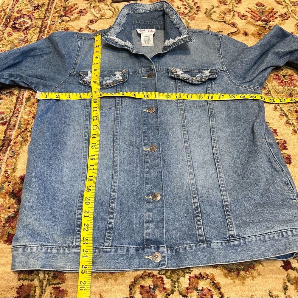 Quacker Factory Blue Denim Embellished Heart Star Charm Fringe Jacket - Picture 8 of 10